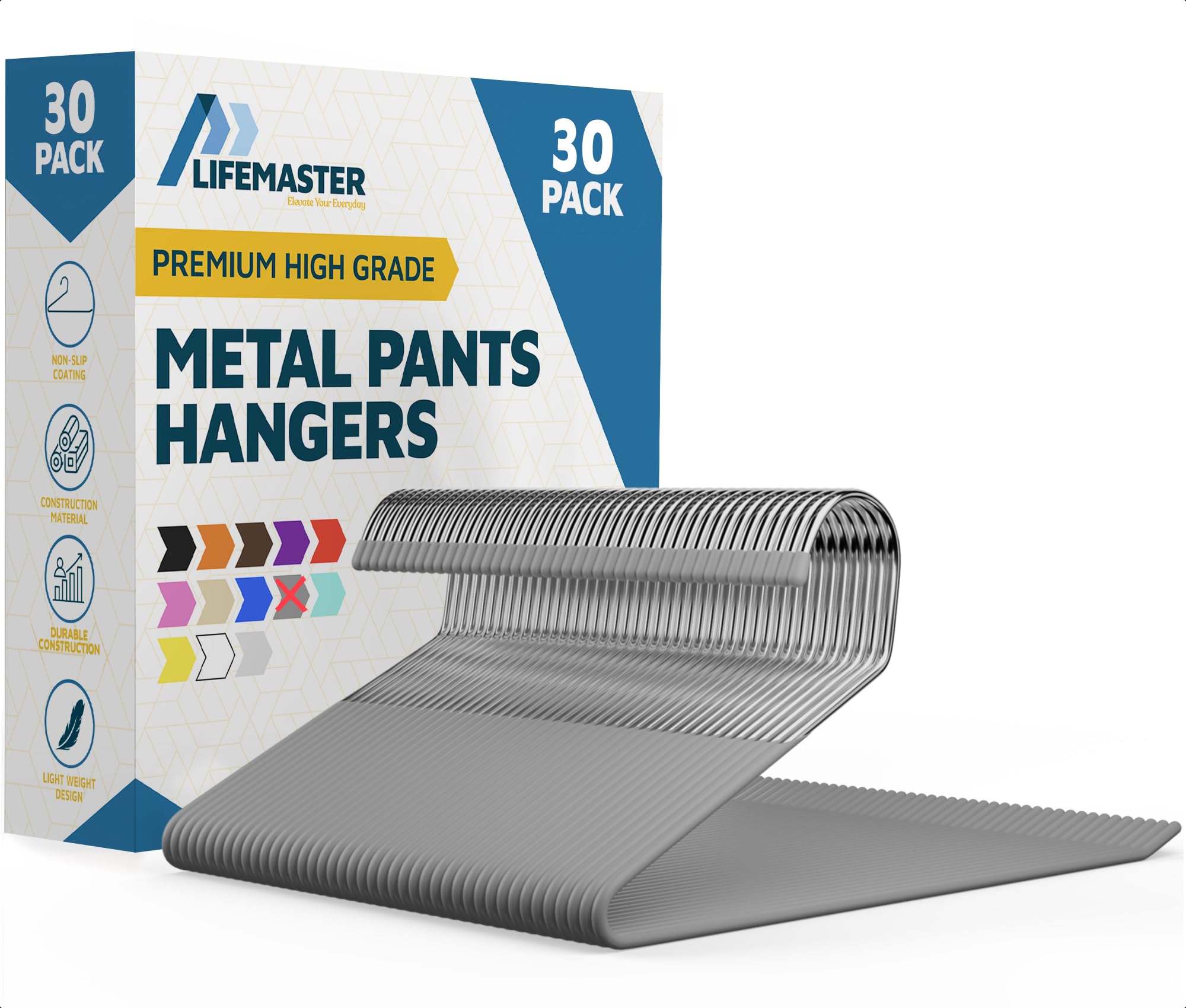 LifeMaster 30-Piece Metal Slack Non-Slip Pants Hanger Set - Heavy Duty, Space-Saving Design for Pants, Jeans, Blankets, Tablecloths - Organize Your Closet with Non-Slip Hangers