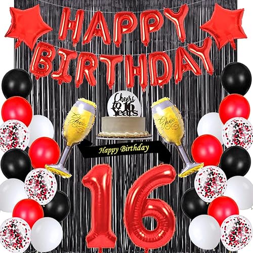 Decoraciones rojas de cumpleaños número 16, pancarta de feliz cumpleaños, banda de felicitación a los 16 años, decoración de pastel número 16,
