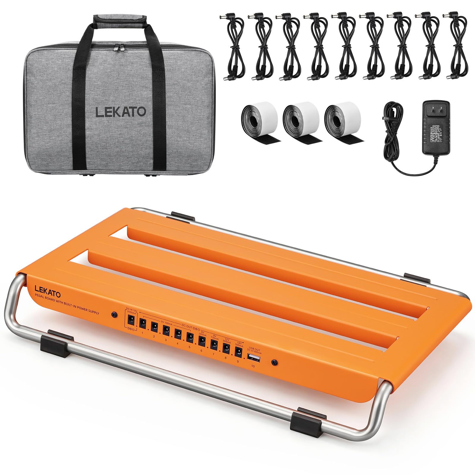 LEKATO Tabla de pedales, tabla de pedal de guitarra con fuente de alimentación integrada, 16 x 10.4 x 2 pulgadas, 2.5 libras, pedalera de aleación de aluminio con cables de pedal, bolsa, cinta