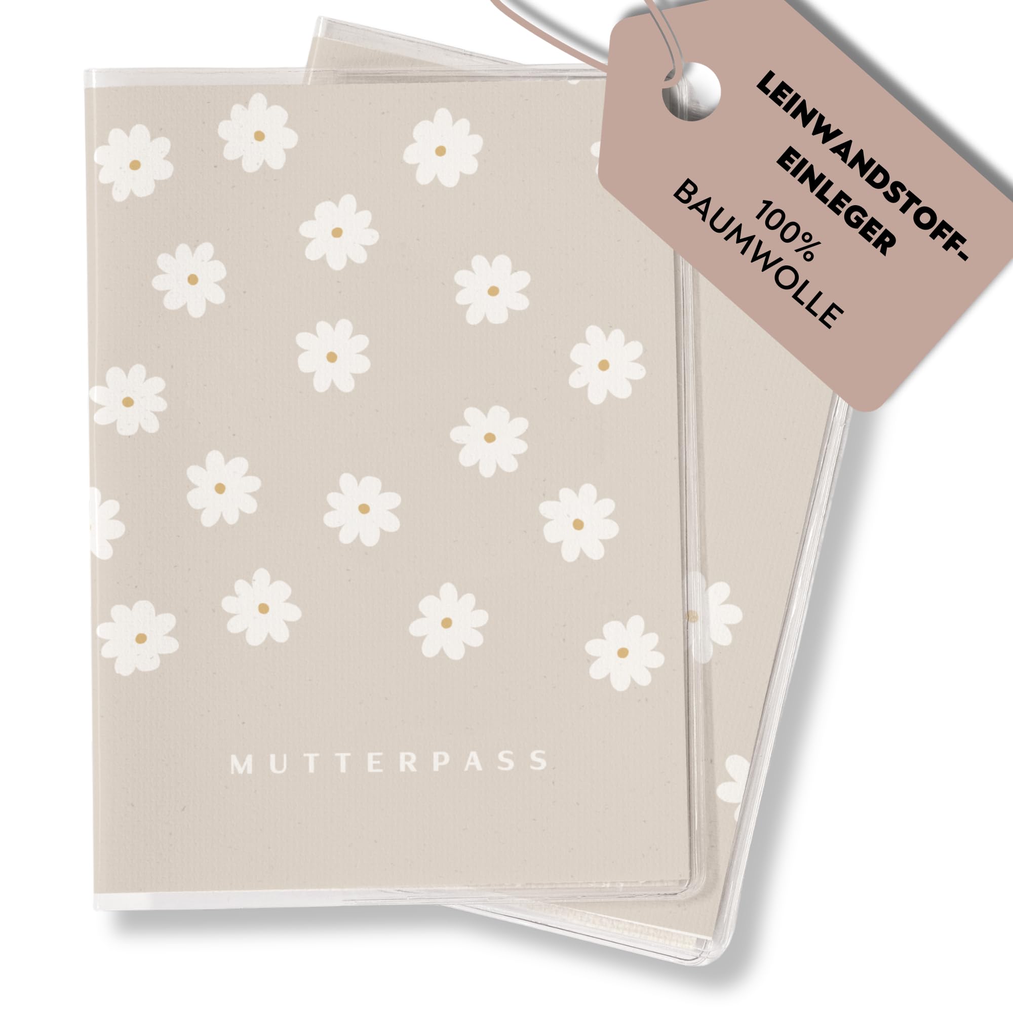 FreudenPost® Premium Mutterpasshülle aus Leinwandstoff - Geschenk zur Schwangerschaft & Geburt - Fach für Ultraschallbilder - stilvoll & langlebig (Gänseblümchen beige)