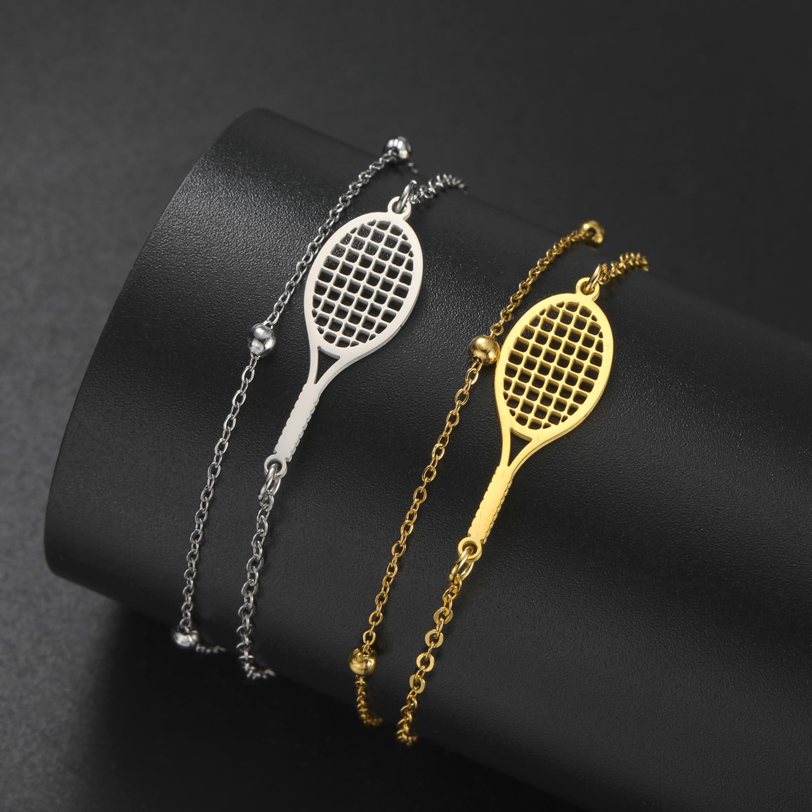Tennis Racket Bracelet for Women Men Dainty Adjustable Racket Charm Layering Sport Bangle Bracelet Lover Jewelry Tennis Gifts for Women Men Players