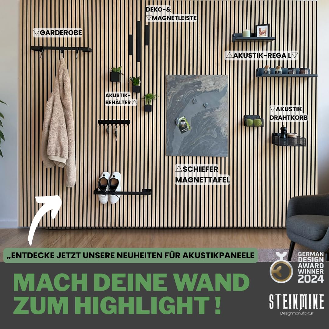 Steinmine - Designmanufaktur Wandorganizer (60 x 120 cm) - Akustikpaneel mit Eichenholzlamellen - inkl. Zubehör - einfache Montage - für Büro, Flur, Küche, Bad und mehr