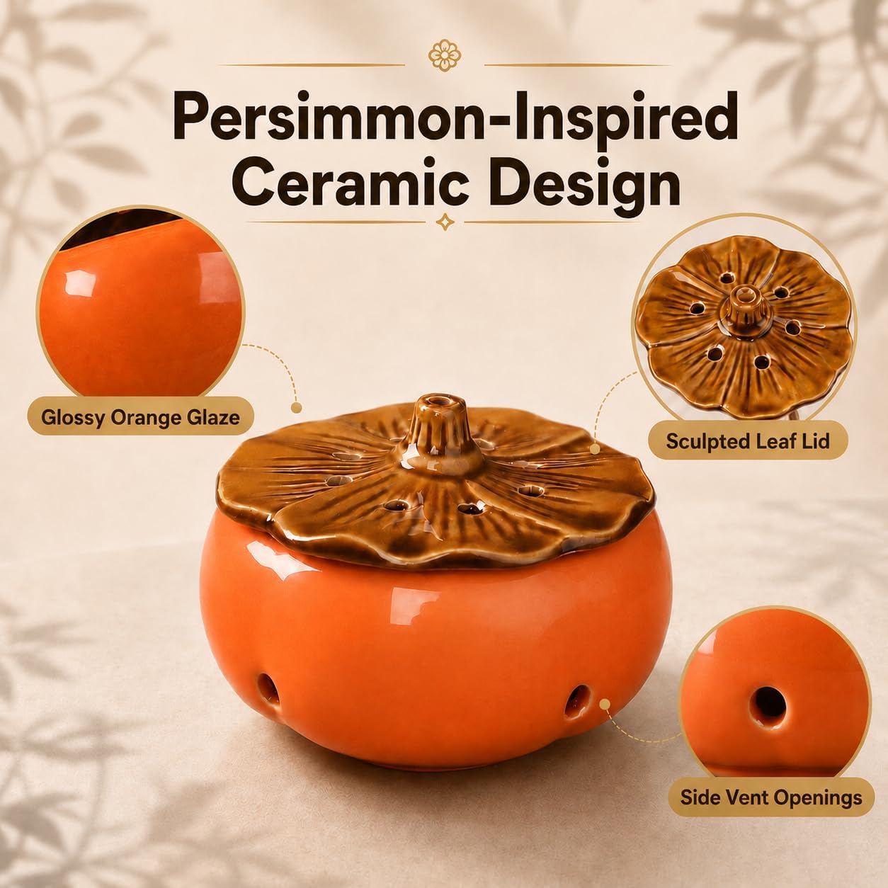 Ceramic Persimmon-Shaped Incense Burner for Sticks, Coils & Cones