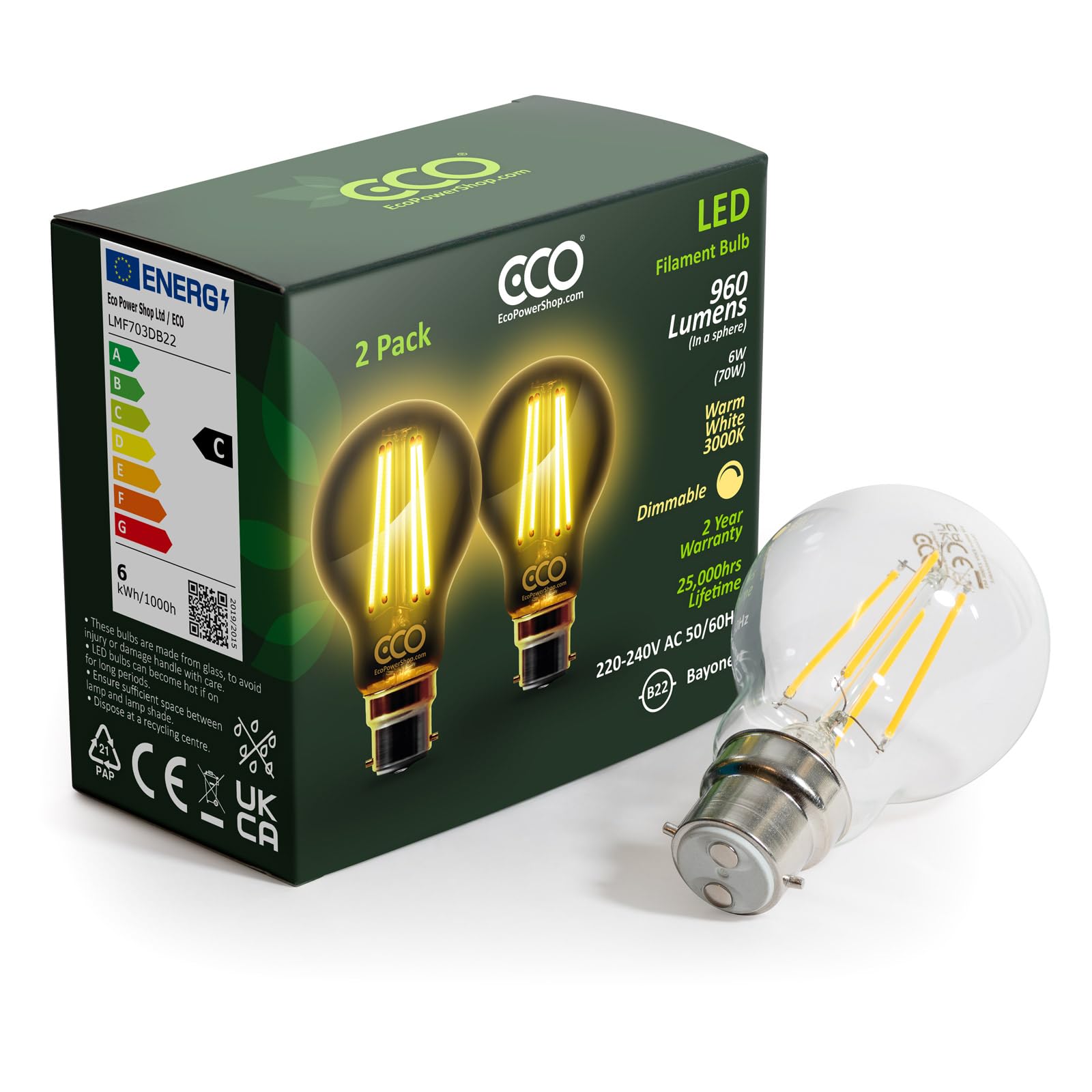 ECO 70W Equivalent 6W Dimmable LED Filament Light Bulb, 960 Lumens, Warm White 3000K, B22 2-pin Bayonet, 25,000hrs Lifetime.