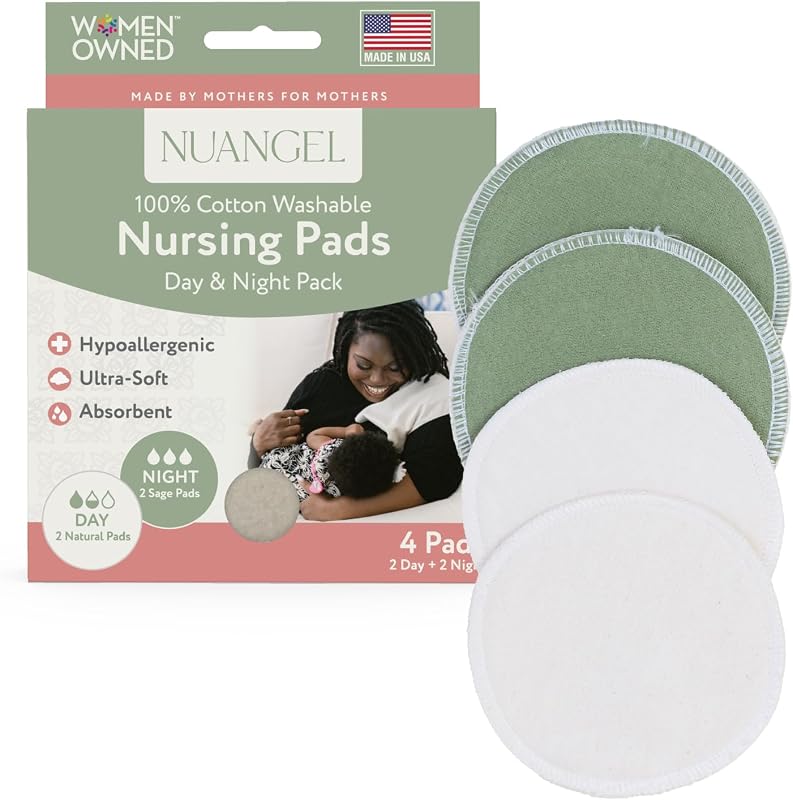 Almohadillas de lactancia reutilizables para lactancia materna, 100 % algodón, protección diurna de 4 capas y noche de 8 capas, protección nocturna, paquete de 4 (natural/salvia)