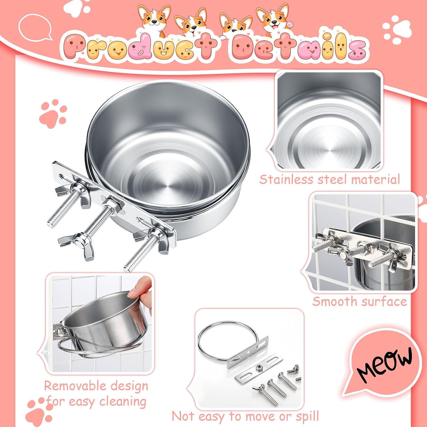 Silkfly 14 Pack Stainless Steel Hanging Dog Crate Bowls, Non-Spill Kennel Food & Water Bowls with Screw Clamp Holders, Removable, Easy to Clean Metal Cage Feeder for Pets(12 oz)