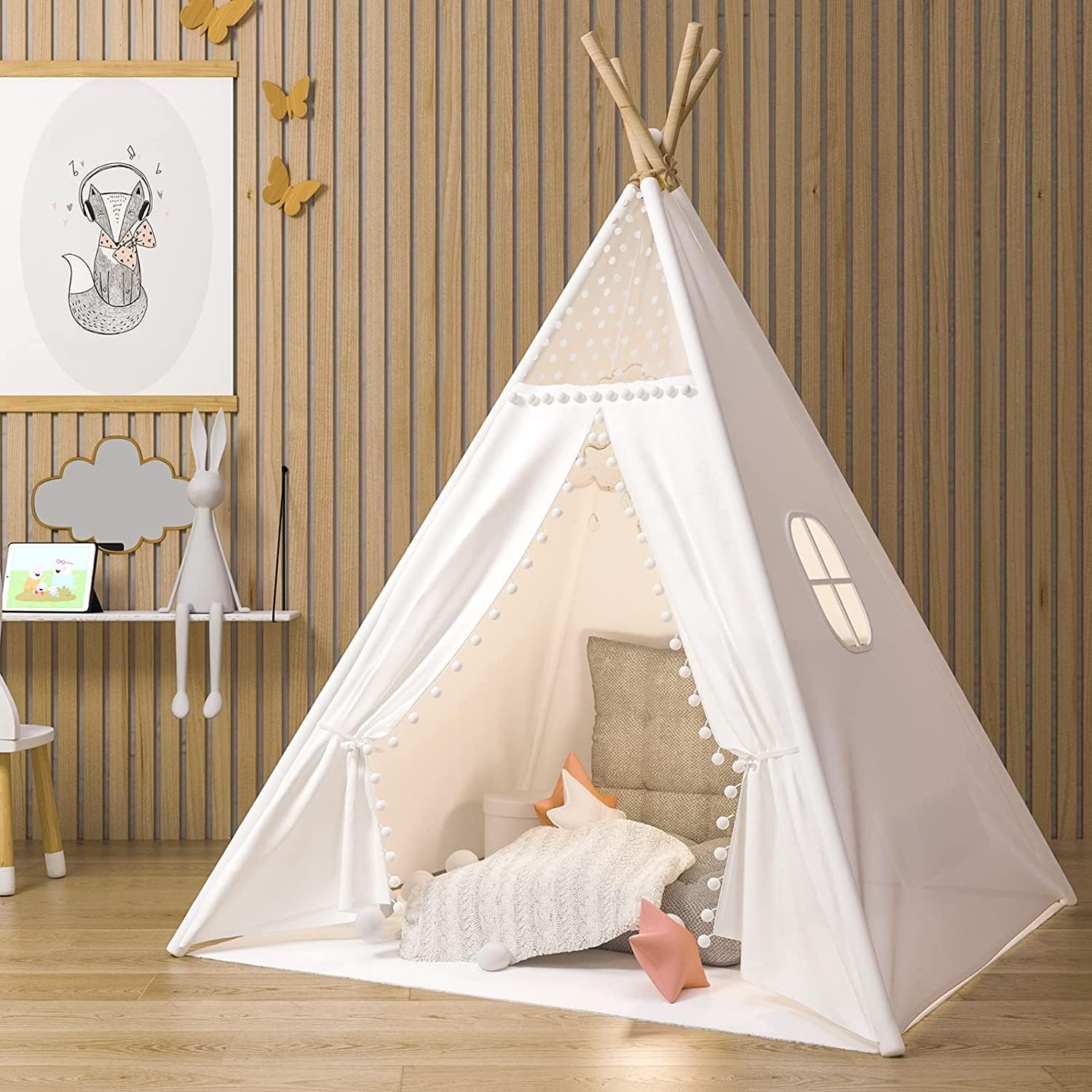 Gamenote Teepee Tent for Kids Indoor Tents with Mat, Inner Pocket, Unique Reinforcement Part - Foldable Kids Play Tent Canvas Tipi Childrens Tents for Girls & Boys (White)