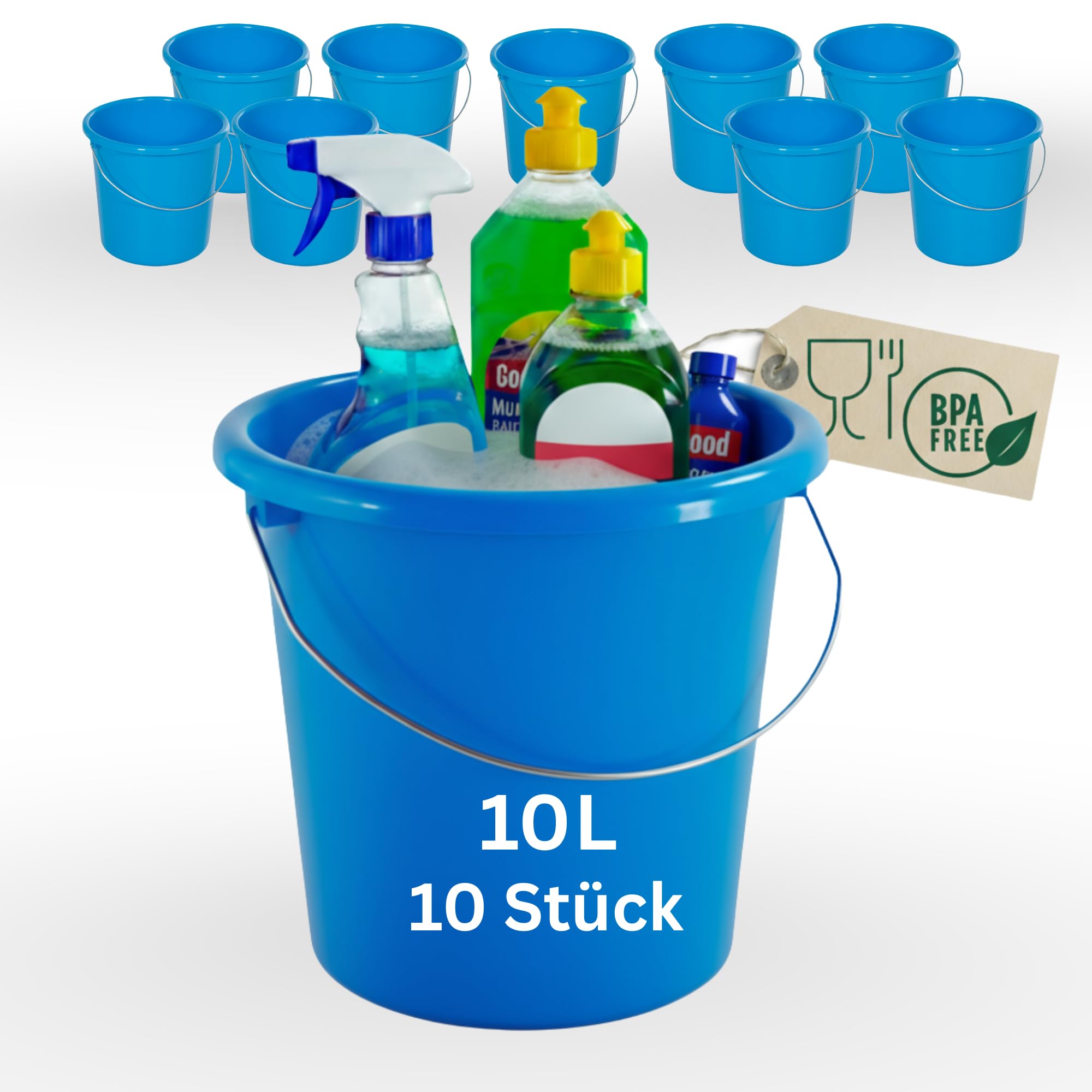 Novaliv 10 Stück Eimer 10L Blau mit Maßeinteilung - Putzeimer 10 Liter ? 28,5 cm Praktischer Allrounder mit Skala für Haushalt & Garten ideal als Haushaltseimer, Wassereimer, Wischeimer, Bucket