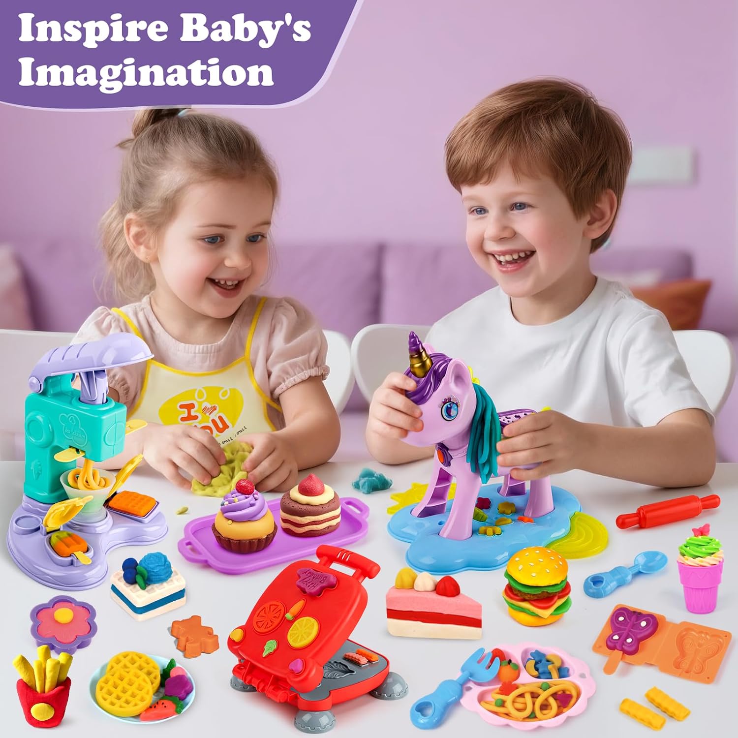 Aprilwolf 60 PCS 3 in 1 Dough Sets for Kids Ages 3-4-8, Art Crafts Dough Tools Kit, Unicorn Hair Stylist, Ice Cream Playset Hamburger Maker Machine, Kitchen Creations Food Play Toys Boys Girls