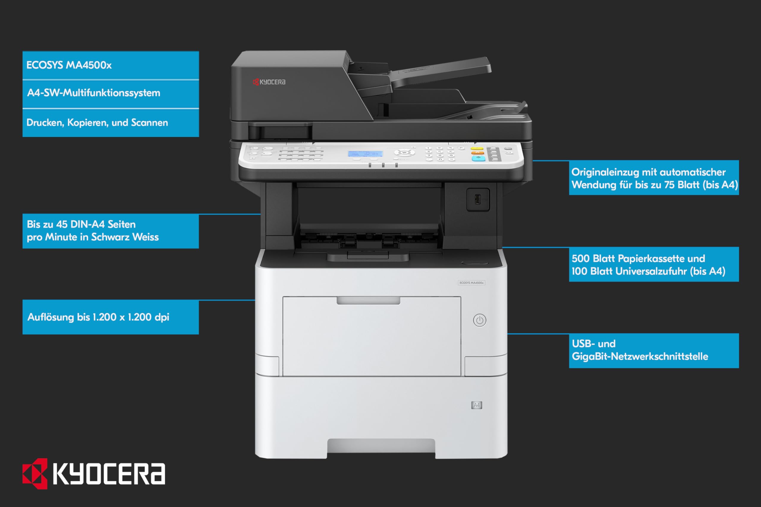 Kyocera Ecosys MA4500x Multifunktionsdrucker Schwarz Weiss, Duplex-Einheit, 45 Seiten pro Minute Drucker Scanner Kopierer, 100+500 Blatt Zufuhr, Gigabit LAN, Mobile Print
