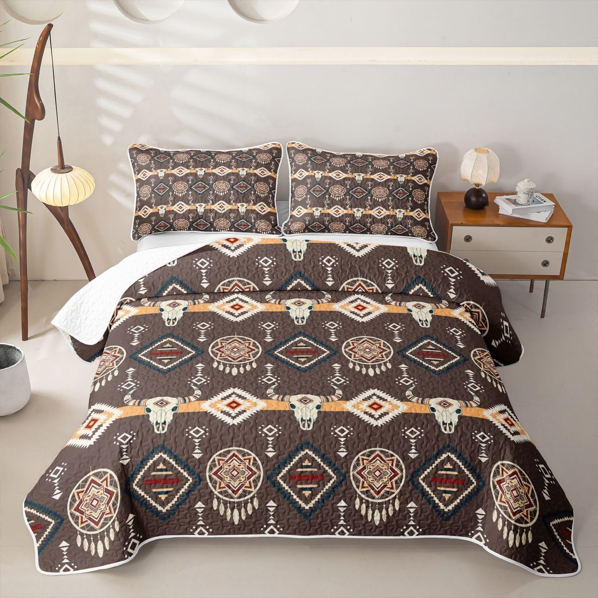 Castle Fairy Boho Western Quilt Set Queen Size,Boho Western Cowboy Dreamcatcher Bedding Set 3Pcs for Girls Boys Youth Room Decor,Bull Skull Quilted Bedspread Rustic Farmhouse Coverlet,2 Pillow Shams