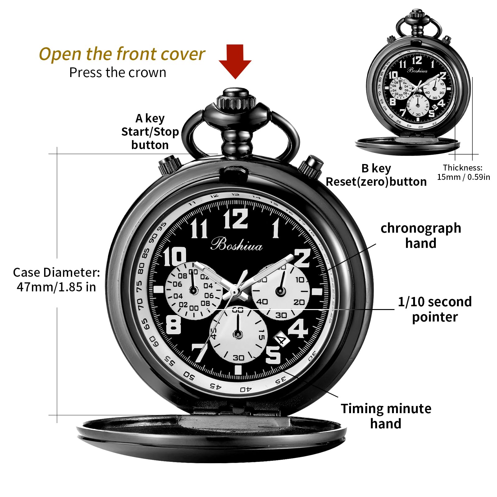 BOSHIYA Orologio da tasca multifunzione con cronometro, calendario, argento, oro, nero, con cinturino