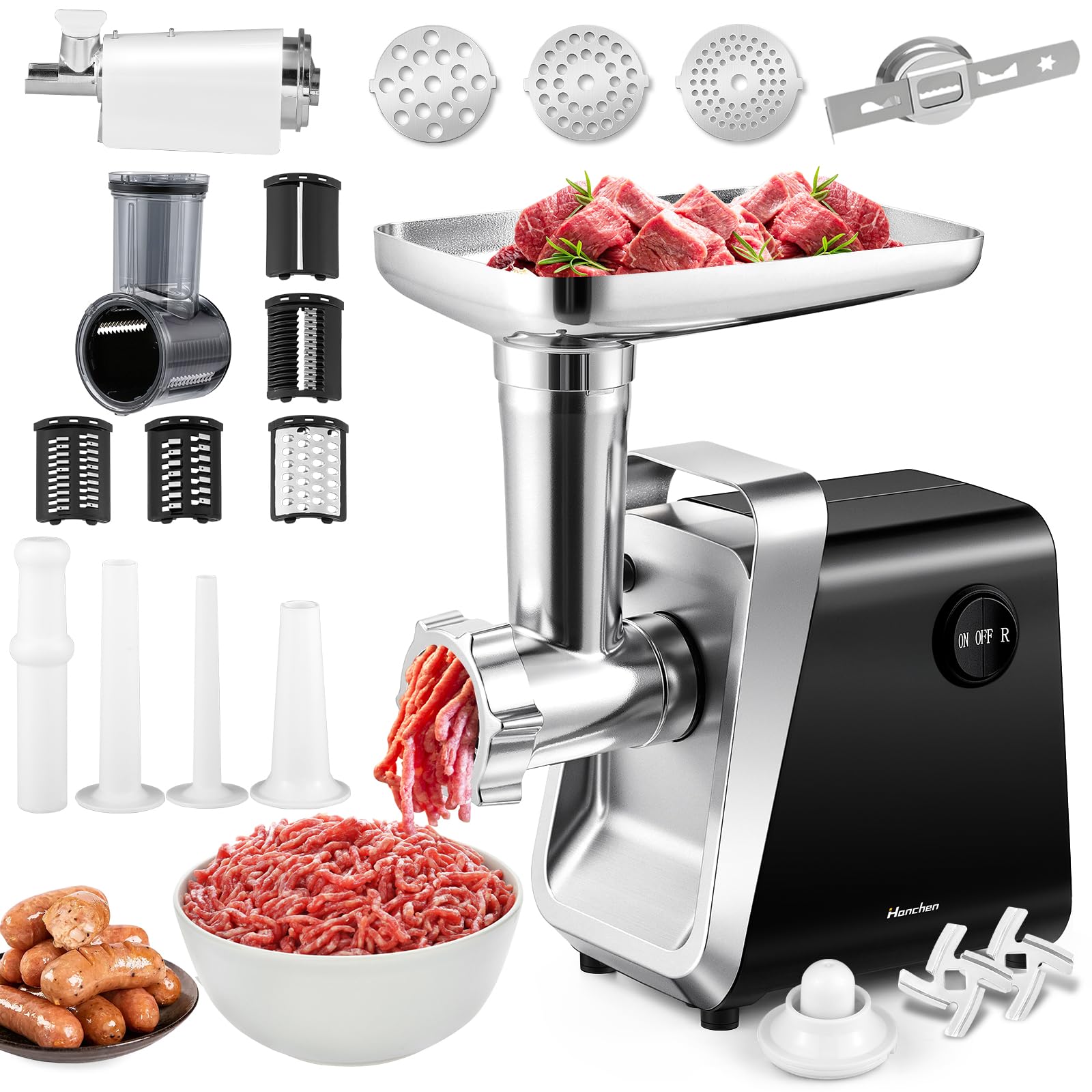 Hanchen 3-in-1 Fleischwolf Elektrisch Hackfleisch Maschine, Elektrischer Fleischwölfe mit Gemüseschneider & Tomatenpresse, inkl. Wurstfüller, Spritzgebäckvorsatz & Kubbe Set