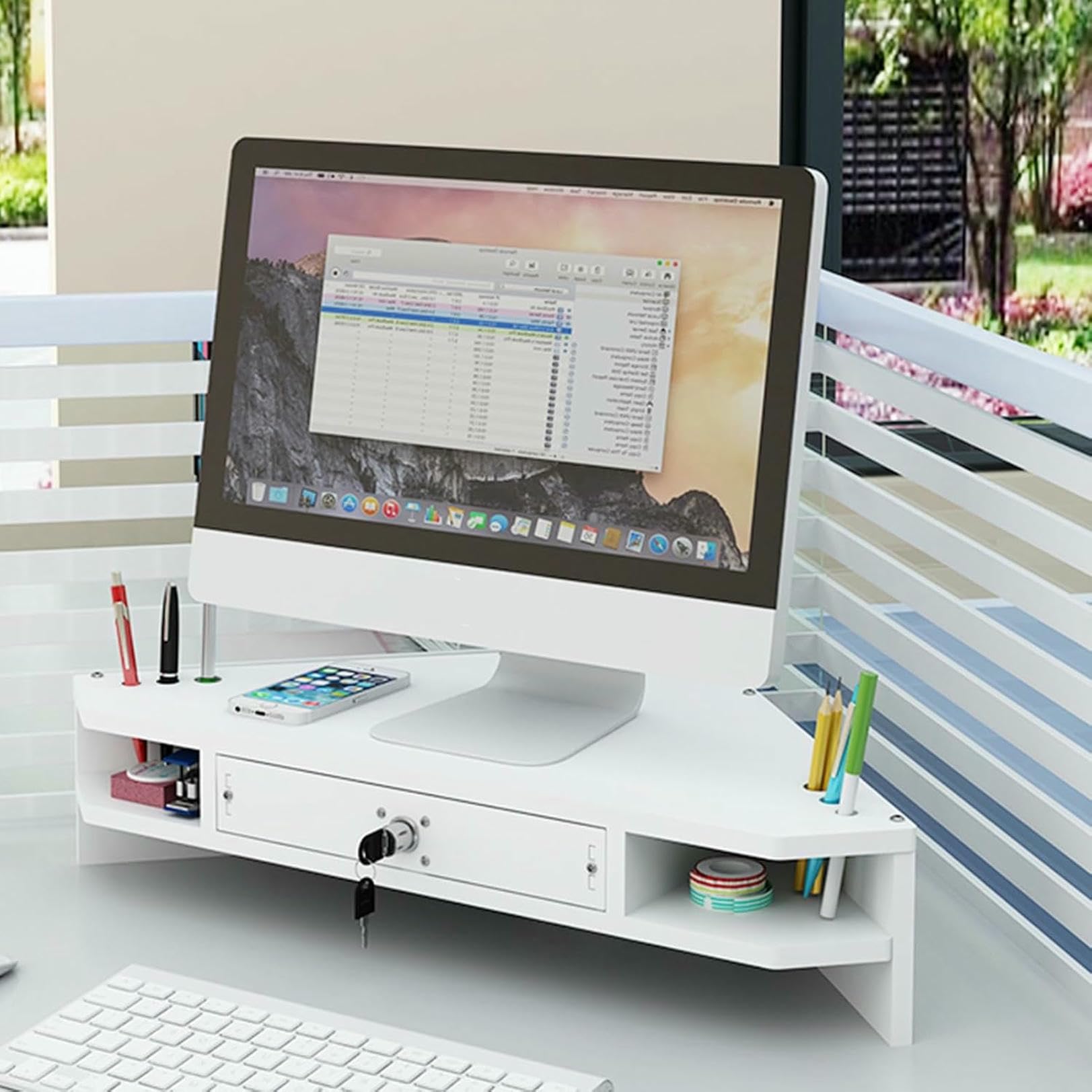 Support d'angle pour écran de bureau avec tiroir et rangement 2 étagères