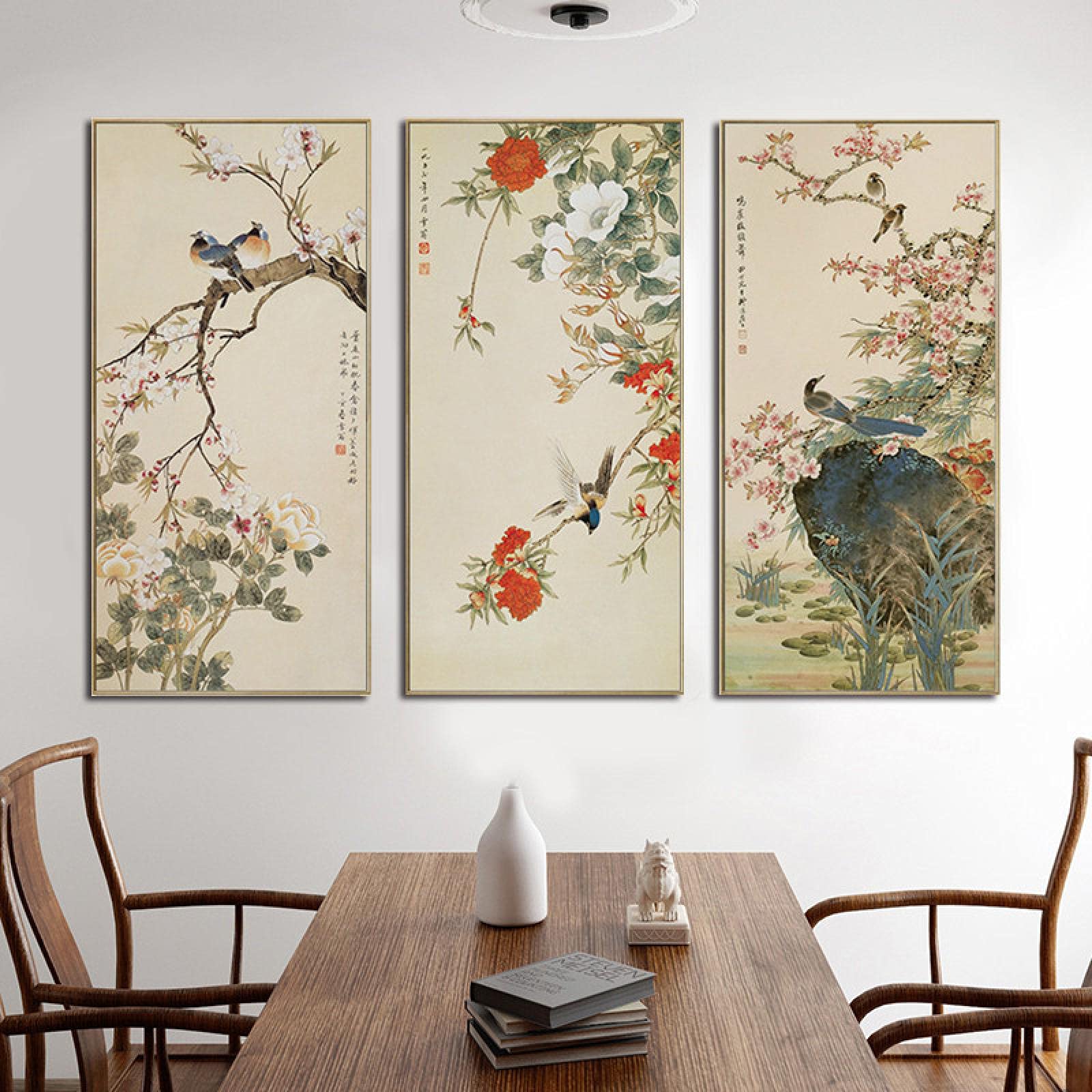 Amazon｜抽象的な伝統的な中国の花植物鳥壁アートキャンバス絵画