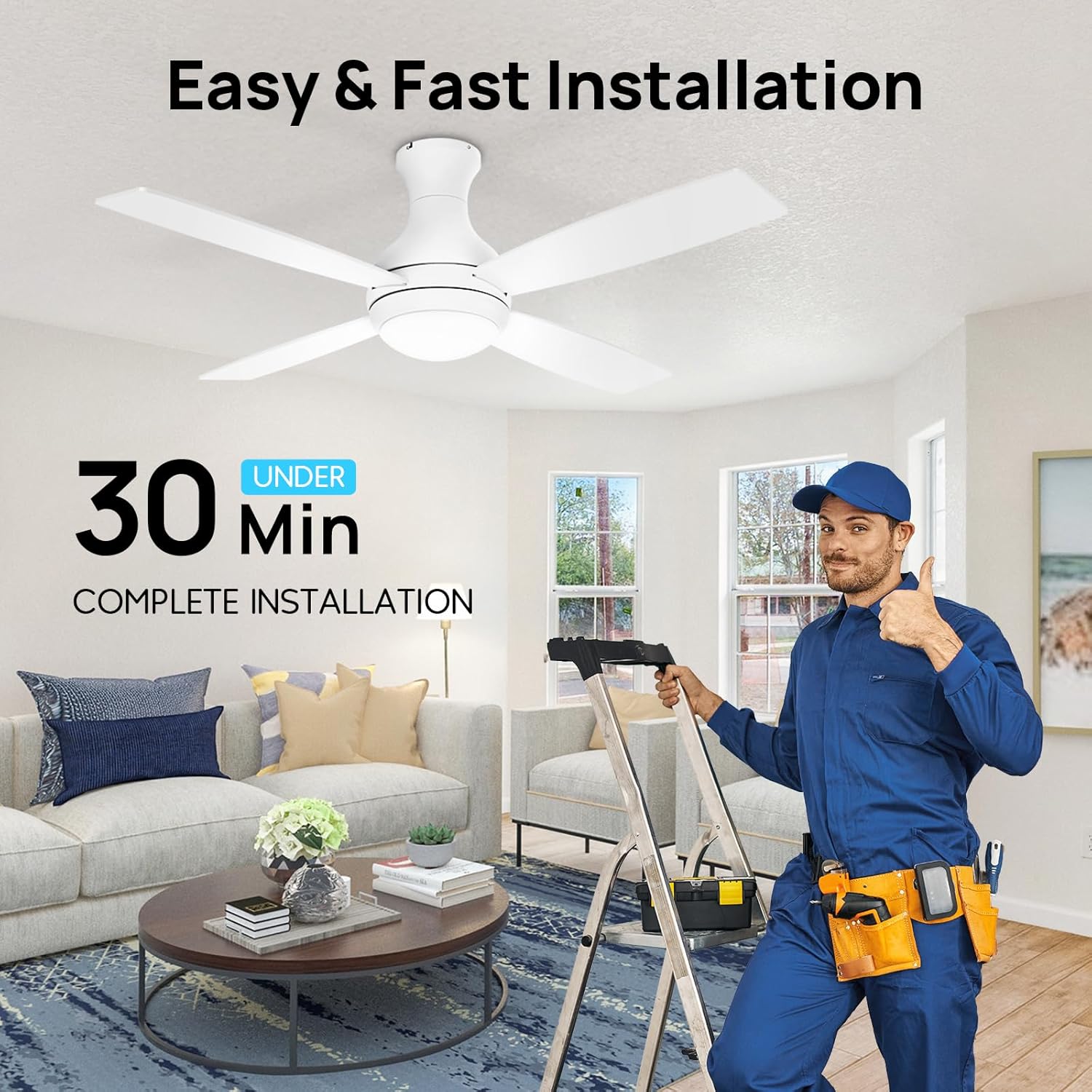 A person installing a ceiling fan, indicating easy and fast installation.