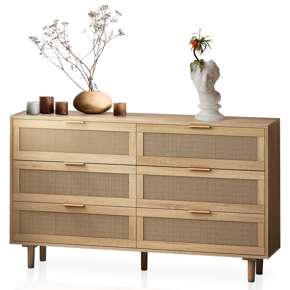 51.18" Rattan Dresser for Bedroom, Mid Century 6 Drawer Dressers, Wooden Chest of Drawers, Modern Closet Boho Dressers Storage Cabinet, for Living Room Hallway Entryway, Natural M