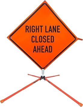 48" Right Lane Closed Ahead Roll-Up Vinyl Sign & Steel Stand