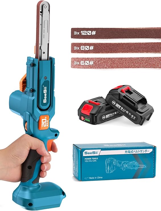 Seesii Belt Sander 1/2 x 18, 6 Speeds Max 1700 FT/Min, with 2 * 2.0Ah Battery, Charger, Hand Held Belt Sander for Metal Working, Wood, Plastic, Auto Grinding