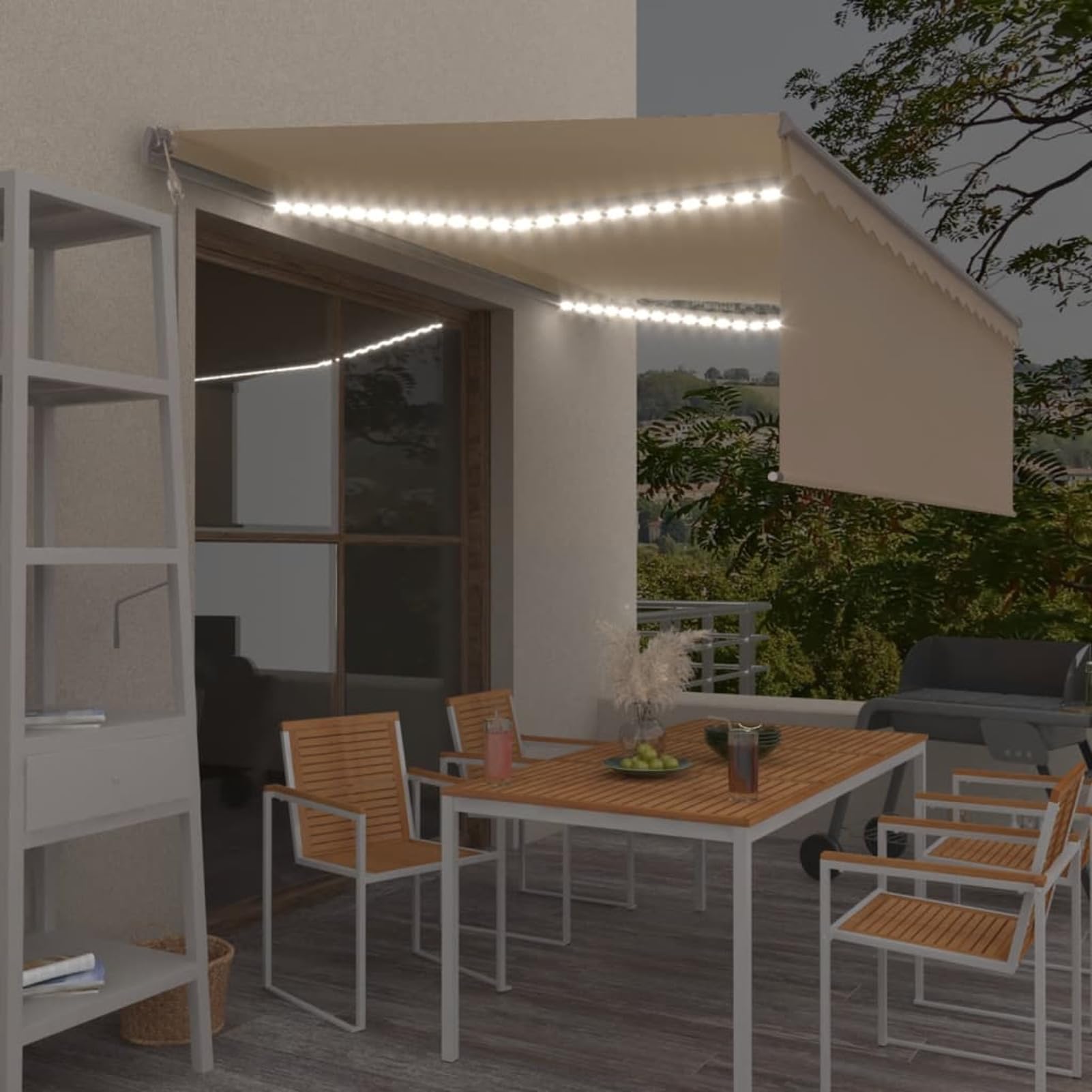 IKAYAA Toldo Automático Retráctil con LED y Sensor 4.5 x 3 m, Toldo Enrollable Aluminio y Poliéster,Toldo Completo con Manivela, Persiana, Toldo Eléctrico para Balcón y Veranda Crema