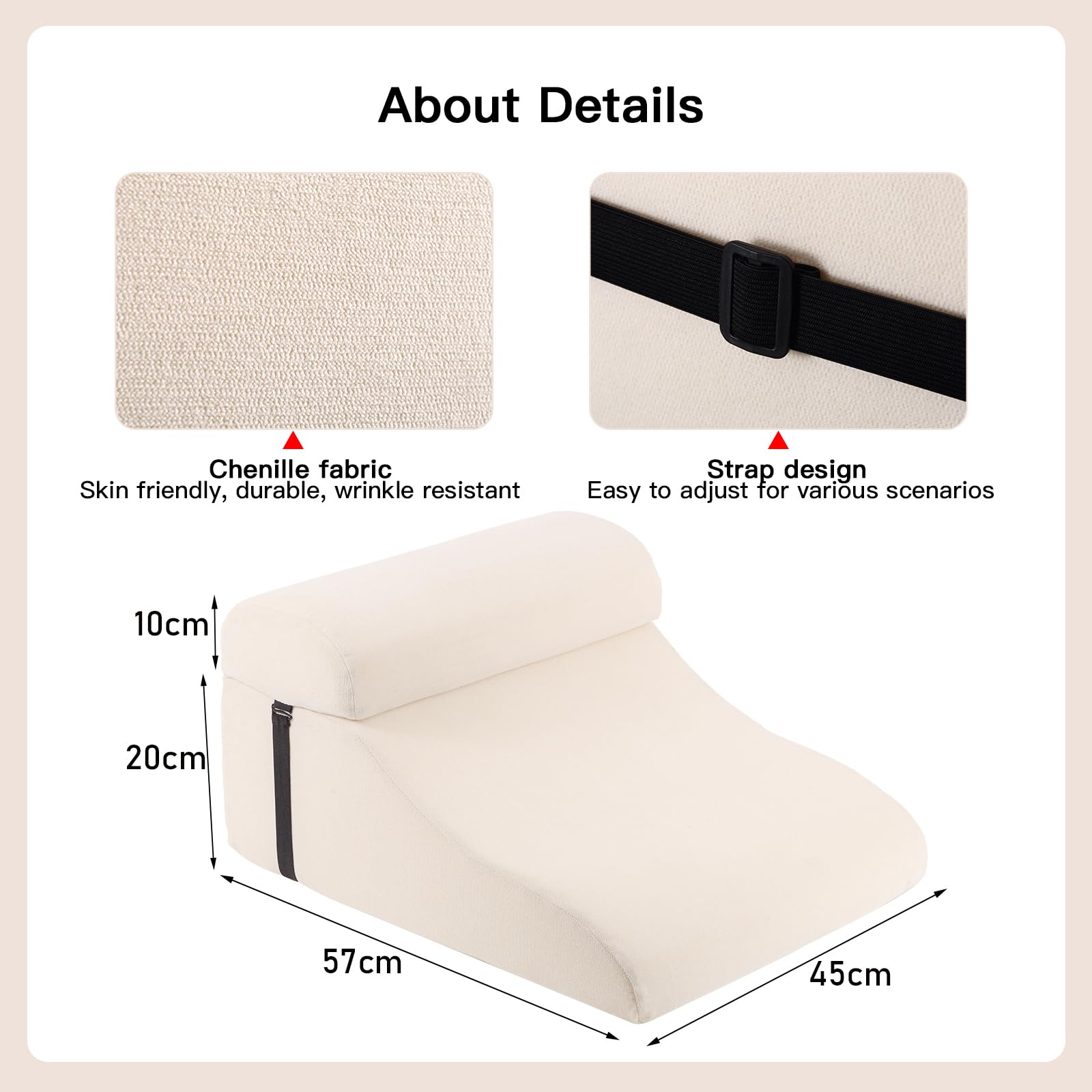 WSJHNLBEDC Cojín de lectura/respaldo para cama y sofá, almohada ortopédica de espuma viscoelástica, reposacabezas ajustable y funda extraíble para espalda, cuello y piernas, beis, 57 x 45 x 30 cm