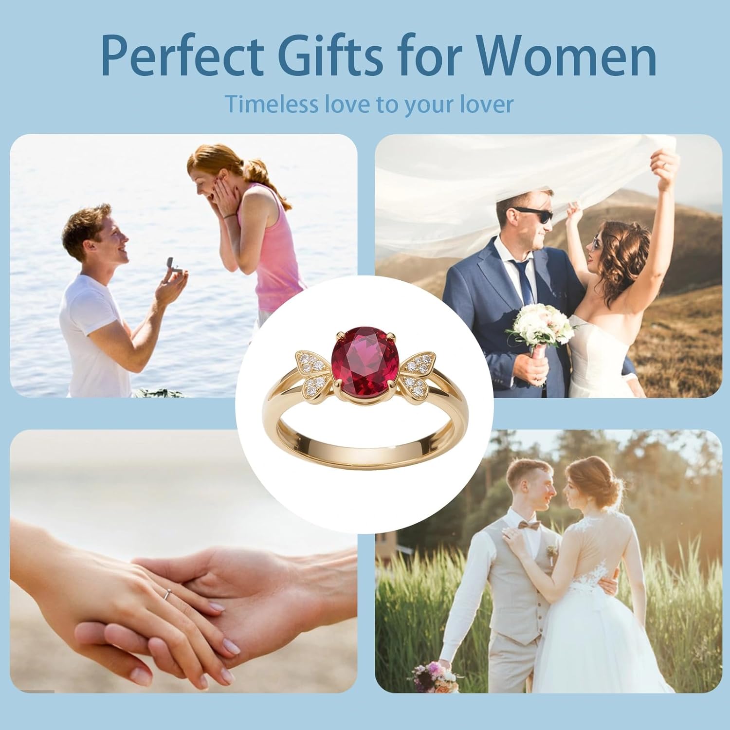 2 ct Round-Cut Ruby Engagement Ring Buffterfly Ruby Red Ring Solid 10k 14k 18k Gold Wedding Band Engraved Promise Birthday for Women Men Wife