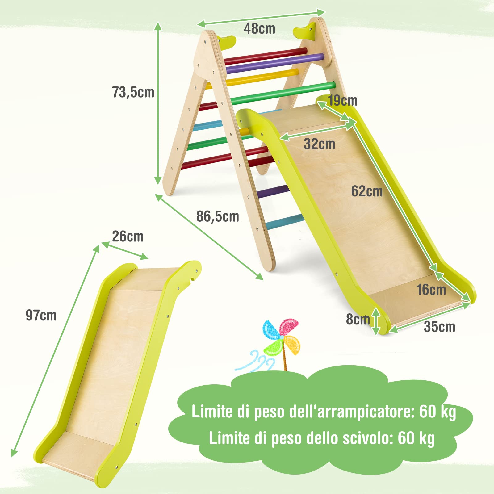 COSTWAY 2 in 1 Set da Arrampicata con Scivolo per Bambini, Triangolo di Arrampicata in Legno Regolabile a Gradi, Giocattolo per Arrampicarsi all’Interno, 1 Anno+ (Colorato)