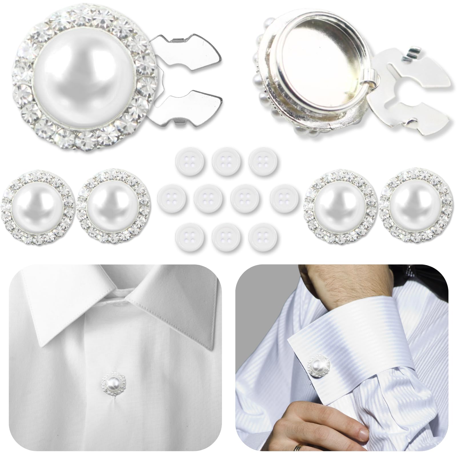 Pearly Button Covers for Women 6 Set Sewing Buttons Silver White Crystal Rhinestone for Men Suitable Dress DIY and Holiday Decoration Embellishments