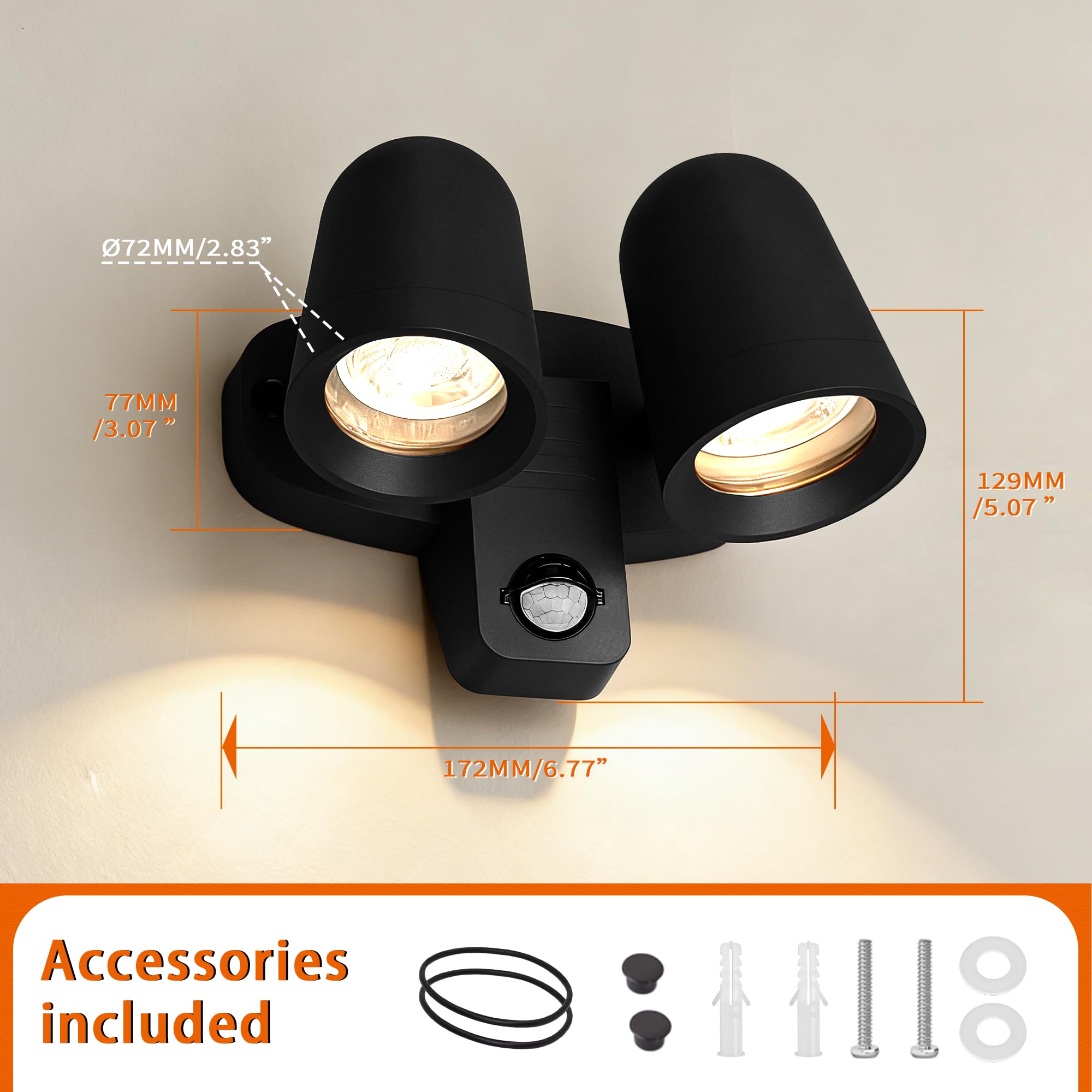 JNR Lampa zewnętrzna LED z czujnikiem ruchu PIR, IP54, wodoszczelna lampa zewnętrzna z czujnikiem ruchu 230 V, podwójny reflektor obracany o 330°, lampa zewnętrzna w zestawie 2 x 5 W GU10 3000 K