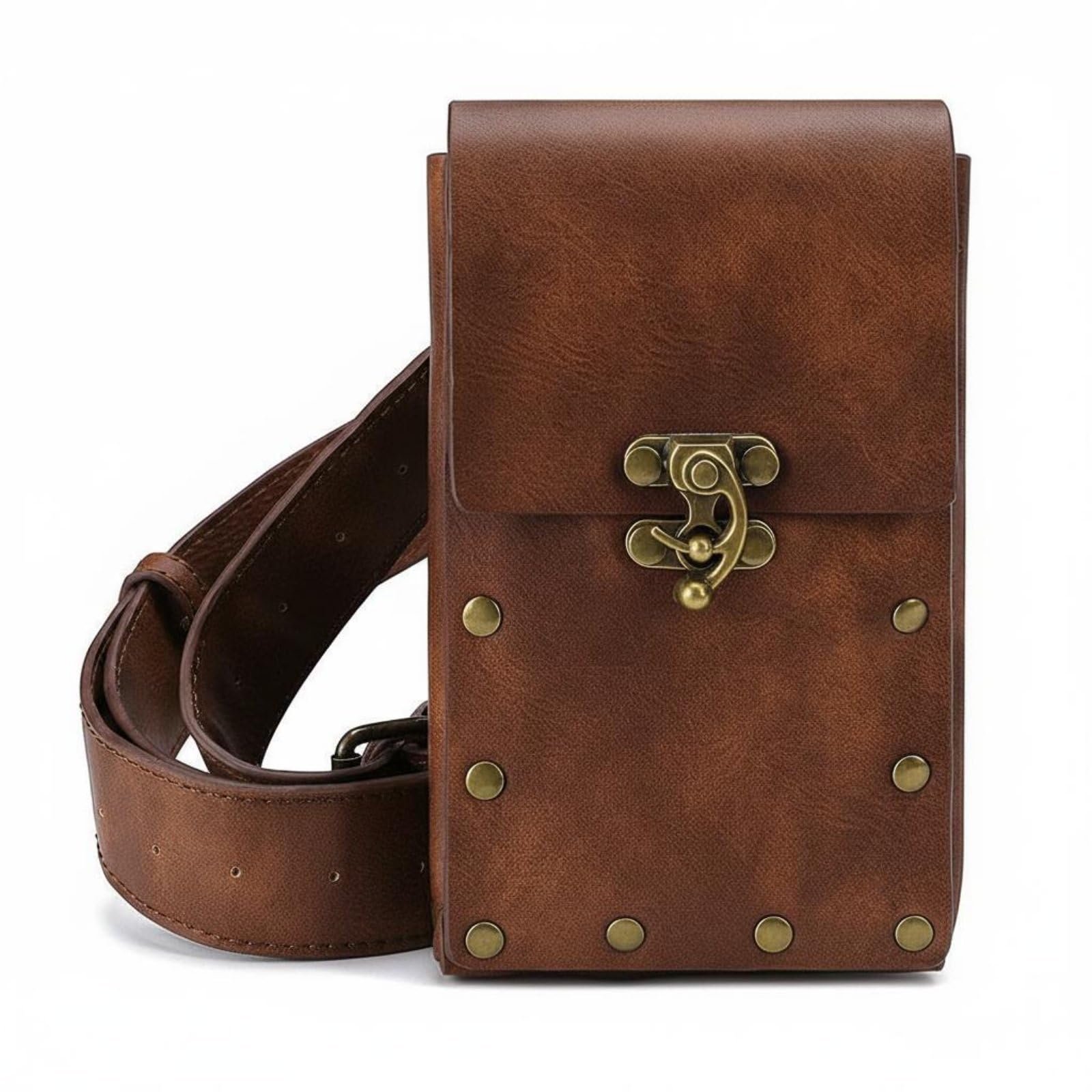 Multipurpose Edgy Design Waist Bag Hands-Unrestricted Steampunk Belt Pouch Riveted Retro Rivet Fanny Pack Brass Hardware for Women, Outdoor, Leisure, Sports, Brown Bg018-2|Belts-image-23