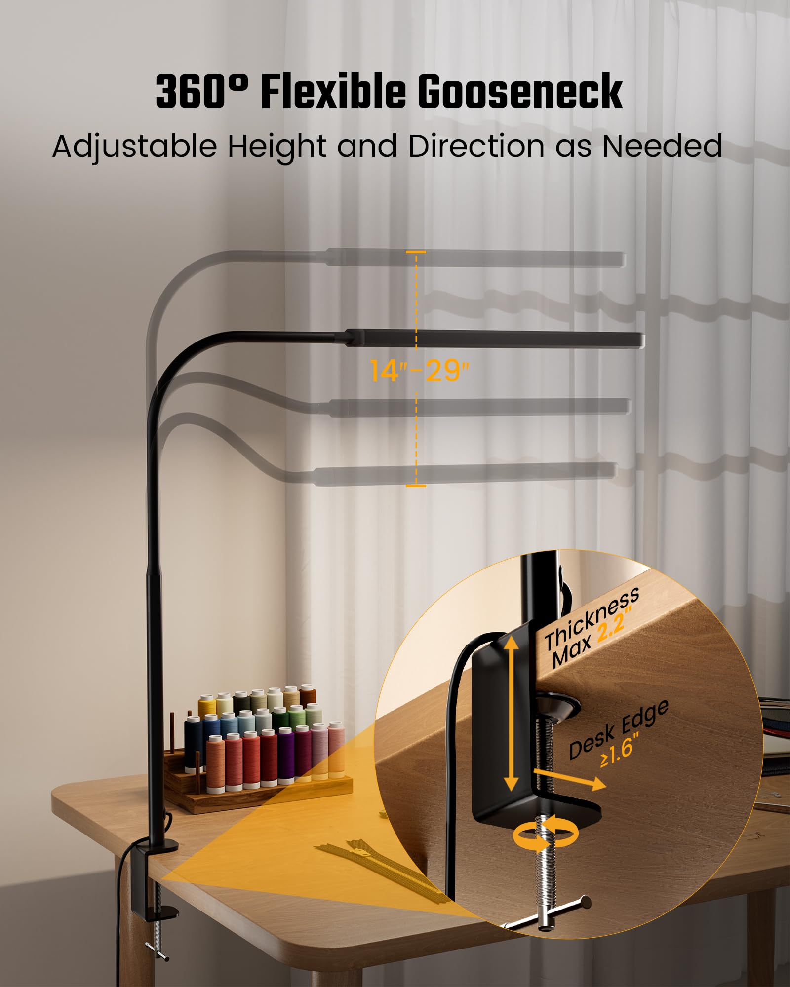 SUPERDANNY Eye-Caring LED Desk Lamp 360 Flexible Gooseneck Work Lamp with Desk Side Clamp Touch Control 3 Light — view 7