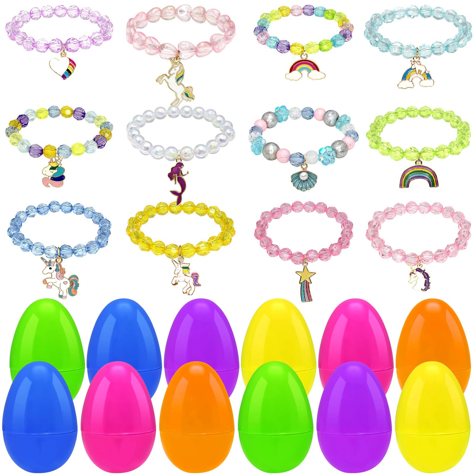 ZMCINER 12 Pcs Easter Eggs Prefilled with 12 Girls Pretend Jewelry Surprise Toys, Easter Egg Hunt, Classroom Prize, Easter Basket Stuffers