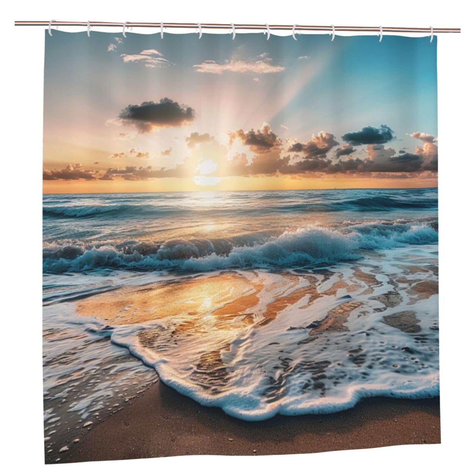 BWWHCCTI Beach Sunset Sea Waves Printed Shower Curtain With 12 Plastic Hooks Opaque Quick Drying Waterproof Shower Curtains Sets For Bathroom 183x183 CM