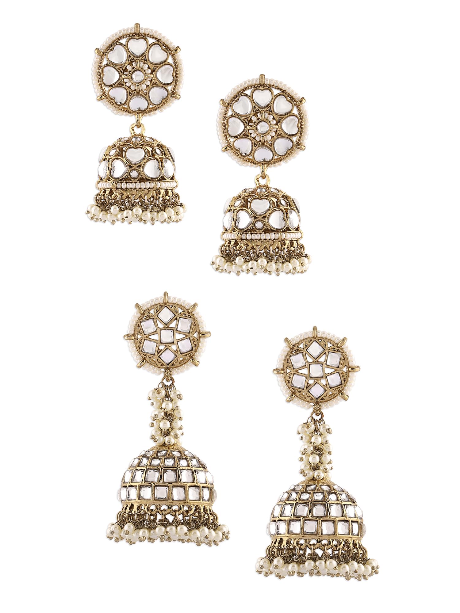 Zaveri Pearls Set of 2 Antique Gold tone Statement Kundan Pearls Ethnic Jhumka Earrings For Women-ZPFK17981 (B0D117L9X6) Amazon Price History, Amazon Price Tracker