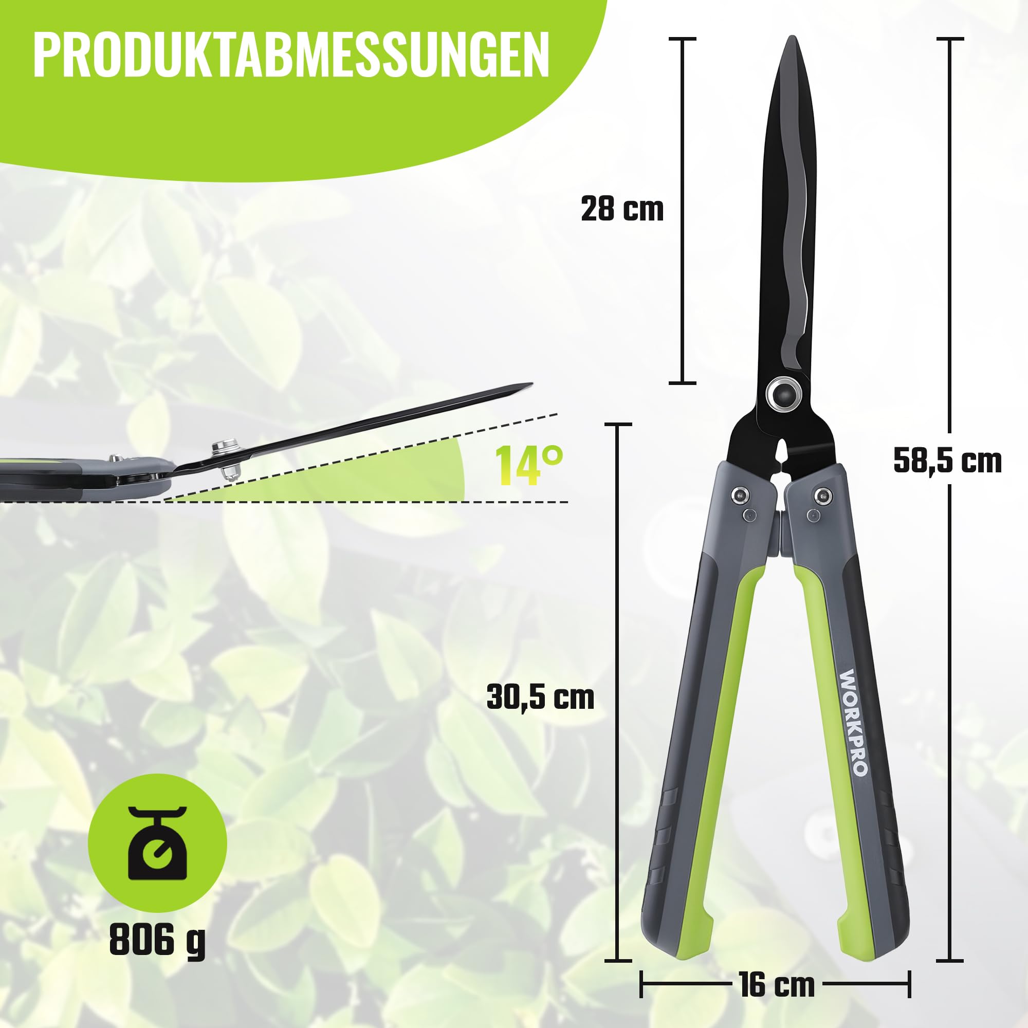 WORKPRO Heckenschere 58,5 cm mit 14° Wellenschliff, Klappbar | Ergonomische Griffe, Präziser Wellenschliff, für Hecken, Sträucher und Rasenkanten,Strauchschere, Heckenschere Manuell