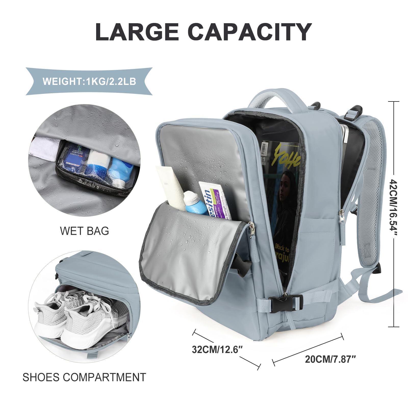 SZLX Zaino Ryanair 40x30x20 Sottovuoto Zaino da Viaggio 40x30x20 Wizzair Donna da escursionismo sportivo impermeabile Zaino Casual Laptop da 14 Pollici con porta di ricarica USB Scomparto per Scarpe