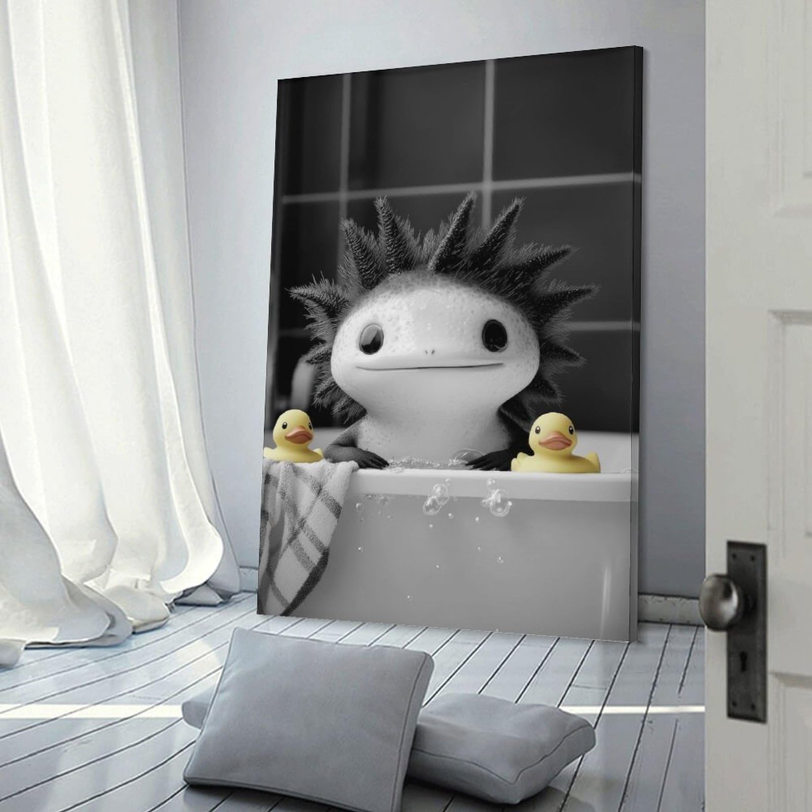 Junmoney Frame-Style-24 Axolotl In Bathtub With Rubber Ducks Wall Picture Print, 20X30inch(50X75cm), For Lounge, Study, Hallway Or Flat Walls, Canvas Wall Art That Fits Changing Layouts