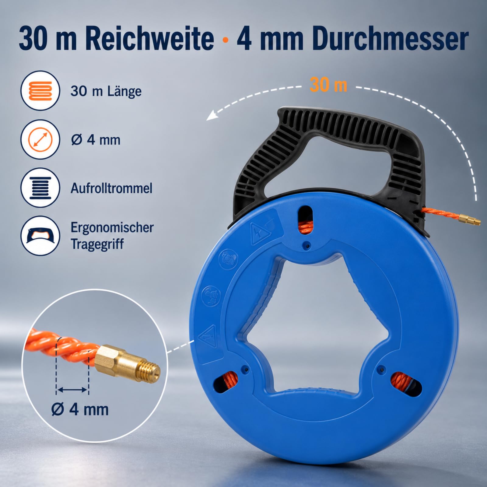 Gekufa Herramienta de extracción de cables | 30 m espiral de poliéster con cabezal de cobre y kit de accesorios de 5 piezas – para instalación eléctrica, tubos vacíos y c