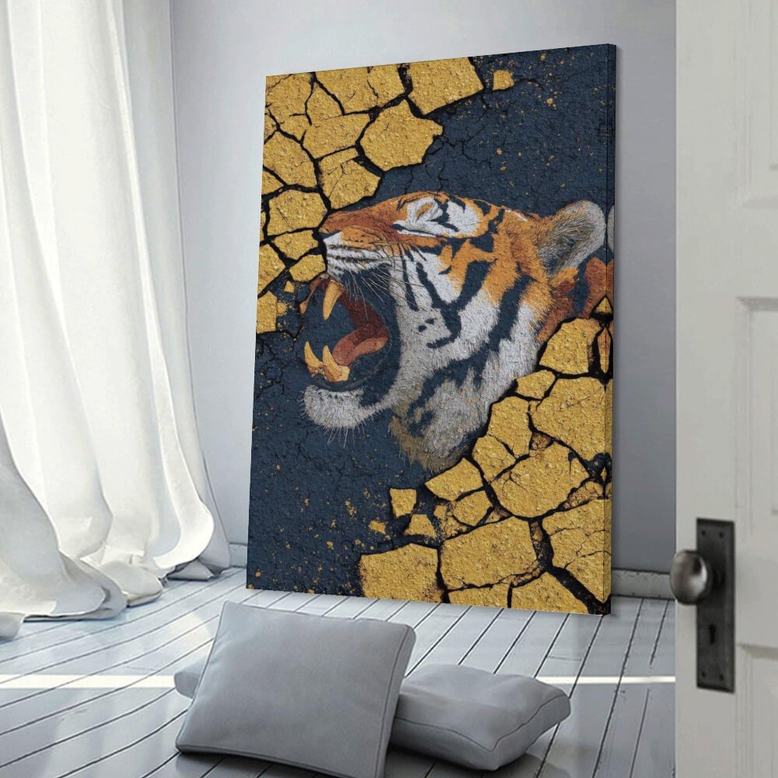 Junmoney Roaring Tiger Emerging from Cracked Surface Canvas Wall Decor, 16x24inch(40x60cm), for Gallery Wall Decor And Room Displays, Wall Decor Suited to Curated Displays