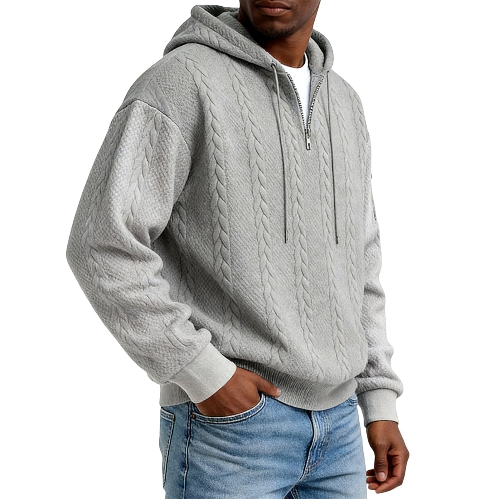 Chunotu - Felpa da uomo con cappuccio e cerniera a un quarto | Tinta unita Manica Lunga Coulisse Maglioni Con Tasche Texture Atletica Allenamento Caldo Maglione Abbigliamento