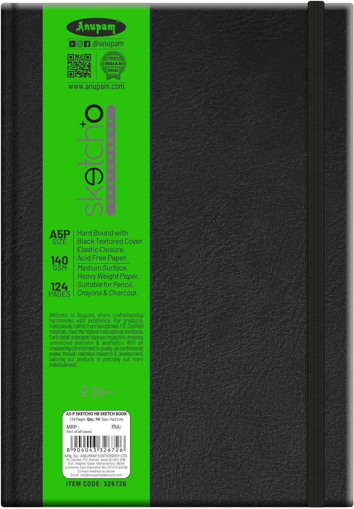 Anupam SketchO Sketchbook Hardbound, Portrait Opening 140 GSM Acid Free Natural Shade Paper (A5 Size 128 Pages)
