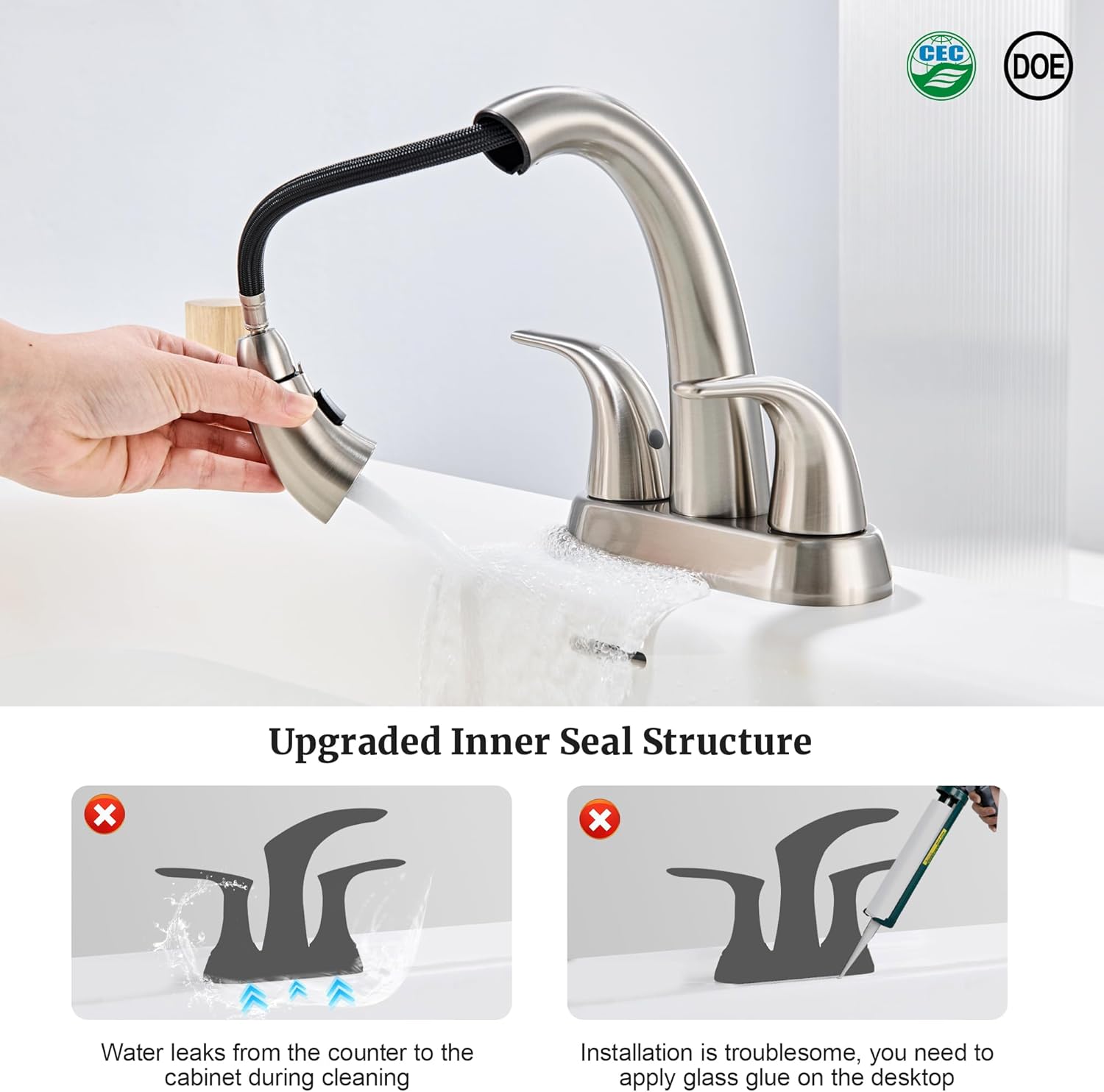 Ultimate Unicorn Brushed Nickel Bathroom Sink Faucet - 4 Inch Centerset Pull Down Vanity Faucets 3 Hole with Pop Up Drain - Two Handle Modern Washbasin Tap Set with Pull Out Sprayer for Rv Restroom - Image 4