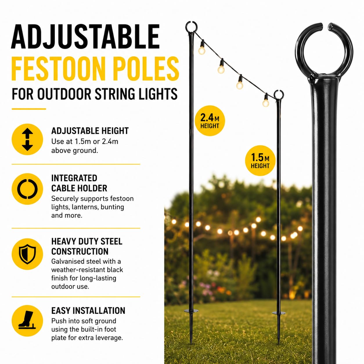 Festive Lights 4 Stück 1,5m oder 2,4m Schäferhaken zum Aufhängen von dekorativen Lichtern, Lichterketten, Weihnachtsbeleuchtung – stabile Metallhaken aus Stahl (gerades Kopfende)