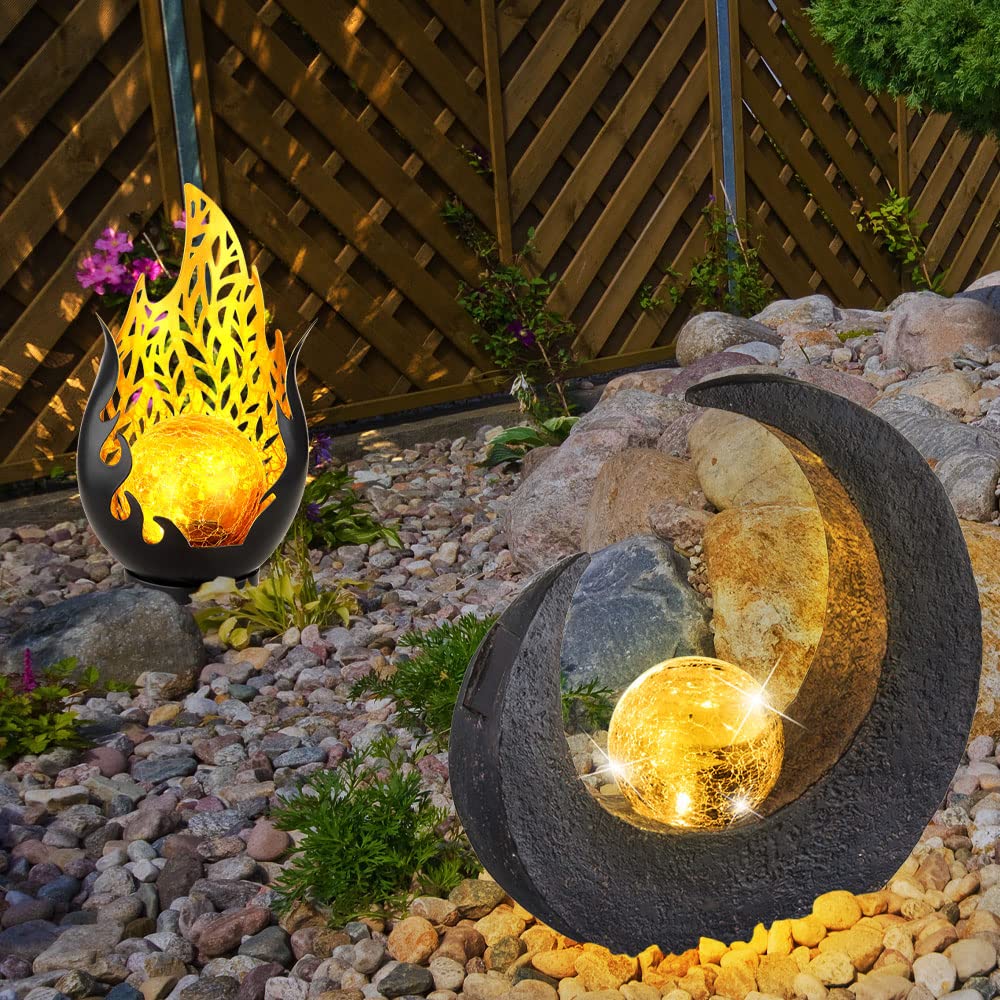 GLOBO LED Solarleuchte Flamme Außenleuchte Garten Solarlampe Mond Gartenlampe, IP44 Akku, Crackle Glaskugel schwarz, 2er Set