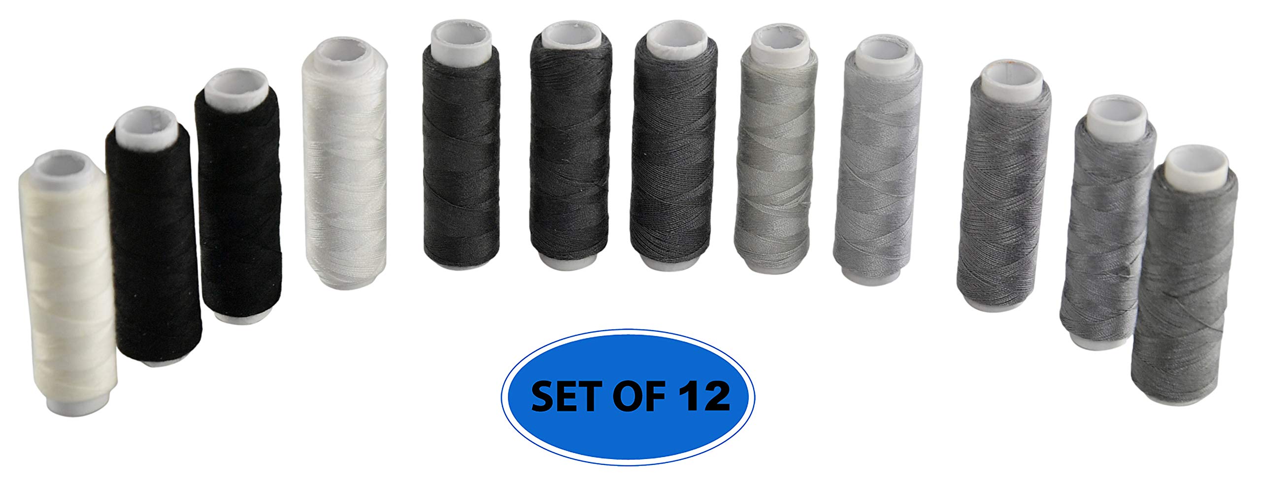 HOME-X Set of 12 All Purpose Thread Set, Sewing Supplies, Sew Essentials, Monochromatic, Shades of Gray, Black and White