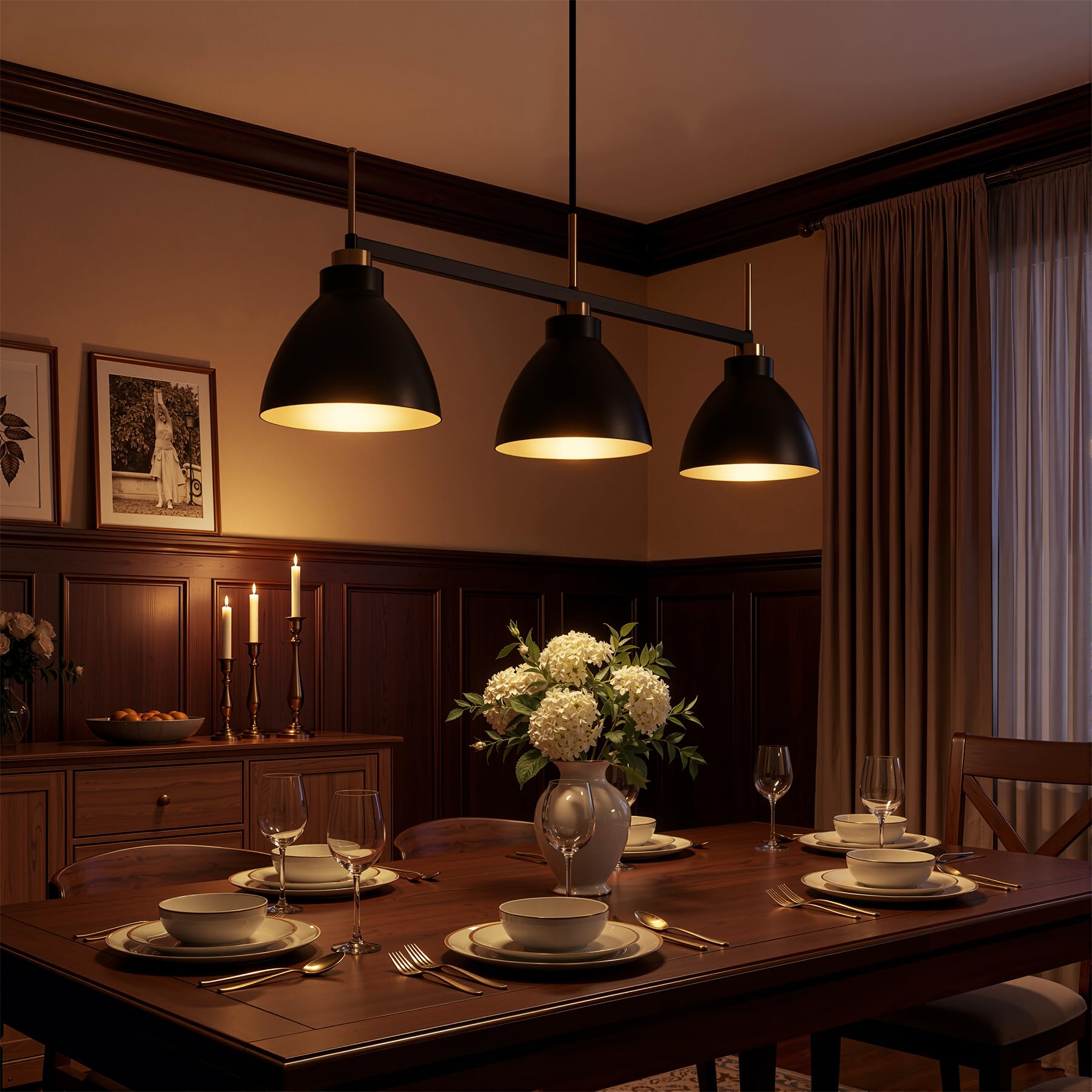 Tribesigns Lampada a sospensione vintage con 3 luci, lampada a sospensione industriale nera e dorata con aste regolabili per sala da pranzo, cucina e soggiorno (attacco E27, lampadina non inclusa)