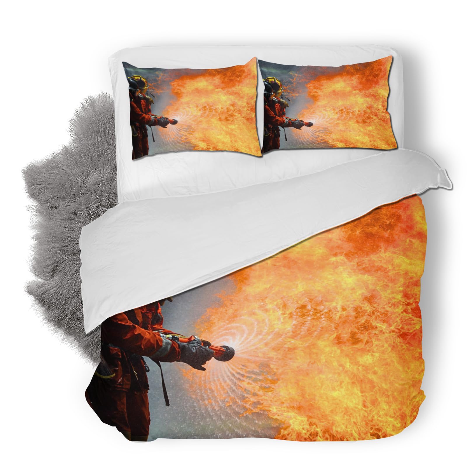 3D Fire Brigade Rescue Bedding Set Soft Microfiber Flame Duvet Cover with Zipper Quilt Cover for Adults Teenager Kids with 2 Pillowcase (200x200, Double)