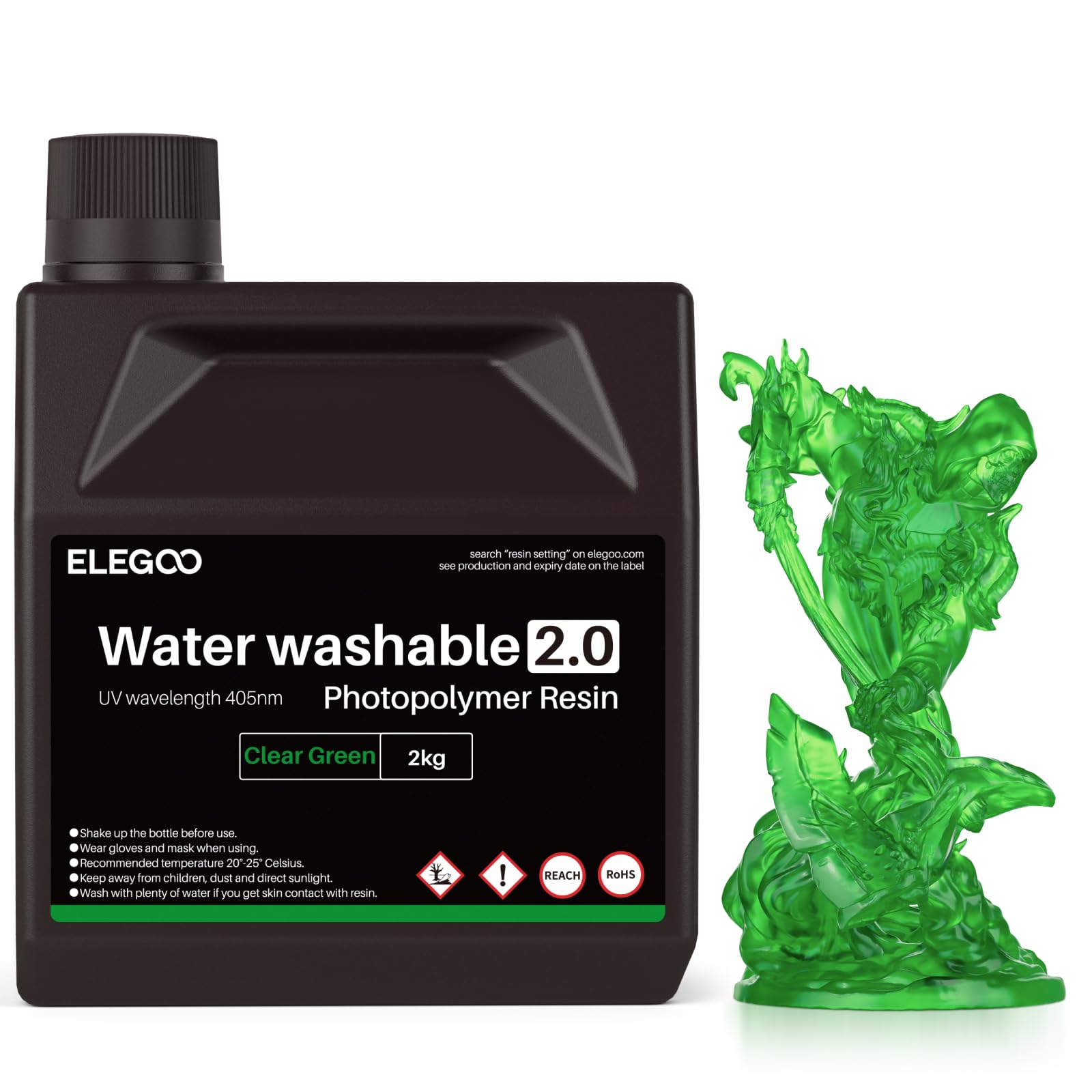 ELEGOO Résine Lavable à l'eau 2.0 pour Imprimante 3D LCD MSLA DLP UV 405nm Résine Photopolymère Haute Précision, Vert Clair 2000G