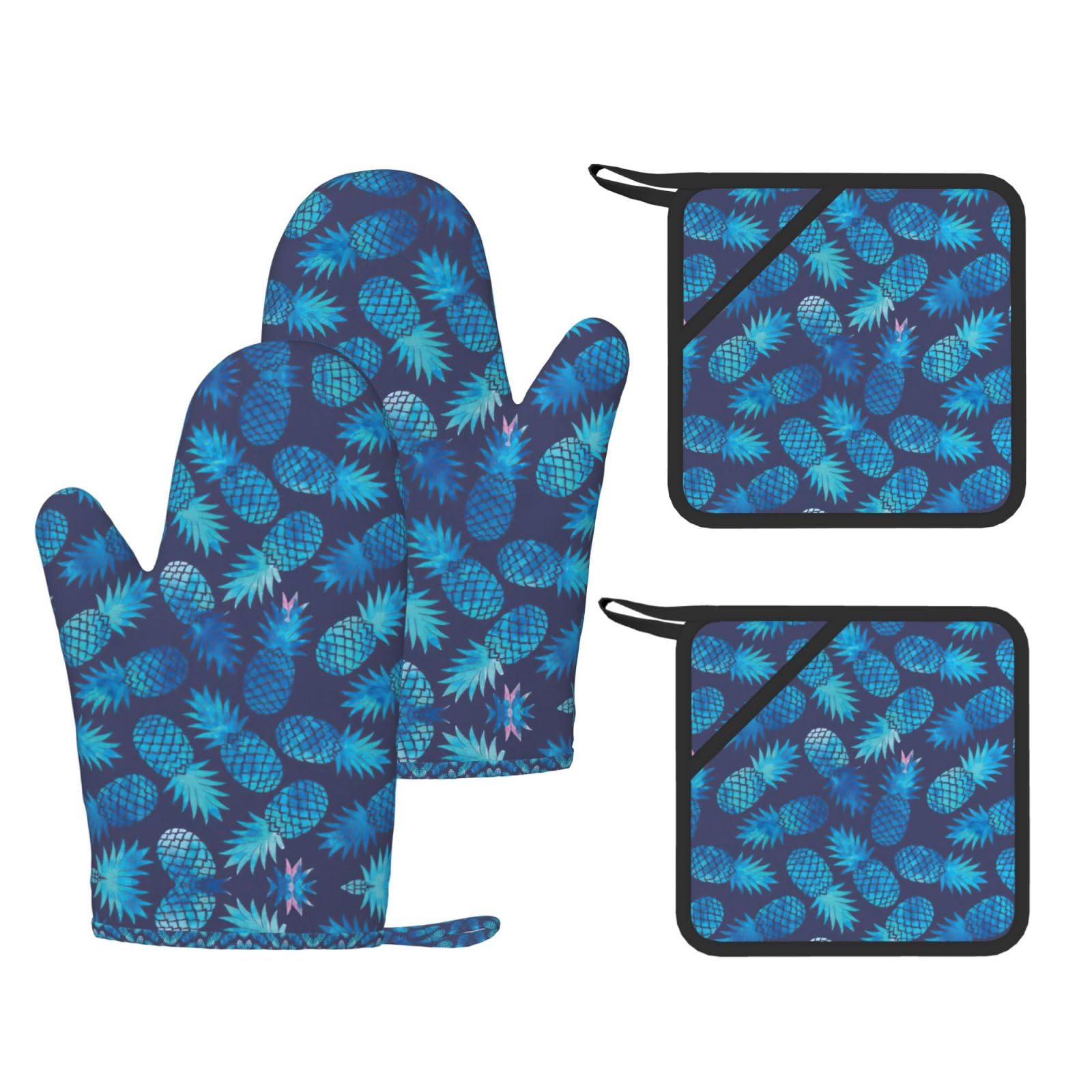 Blue pineapple Printed Oven Mitts and Pot Holders Set of 4, Heat Resistant Silicone Gloves for Baking Grilling