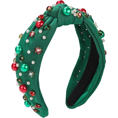 WantGor Pearl Knotted Headband, Women Rhinestone Embellished Hairband Elegant Wide Top Knot Bride Headbands Headpieces Party Fashion Elegant Ladies Hair Band Hair Hoop Accessories (Christmas Green)